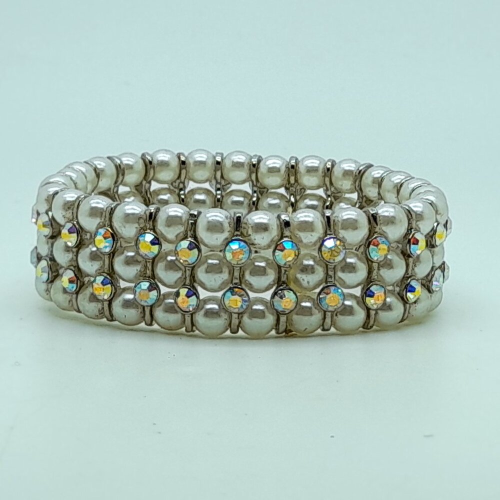 Gorgeous 6mm white Glass pearl Multi-Strand with ab Stretch fashion Bracelets